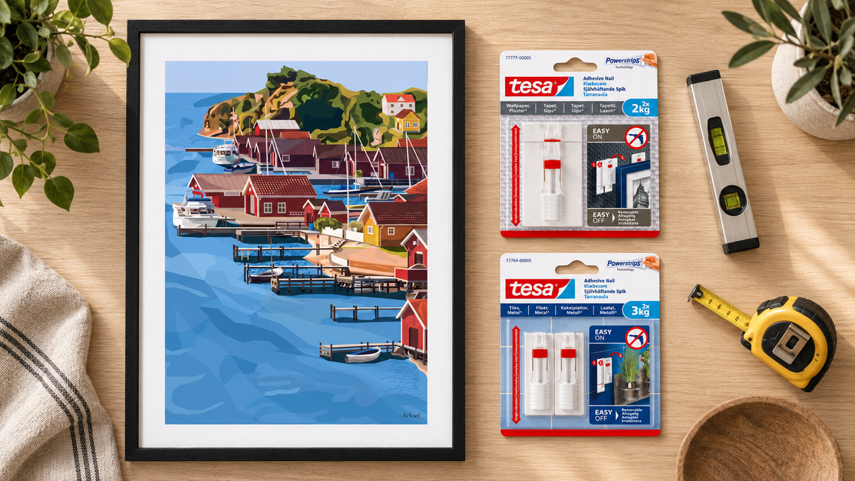 AI-genererad illustration med Skärgården i svart ram, Tesa-spikar för 2 och 3 kg, vattenpass och måttband.