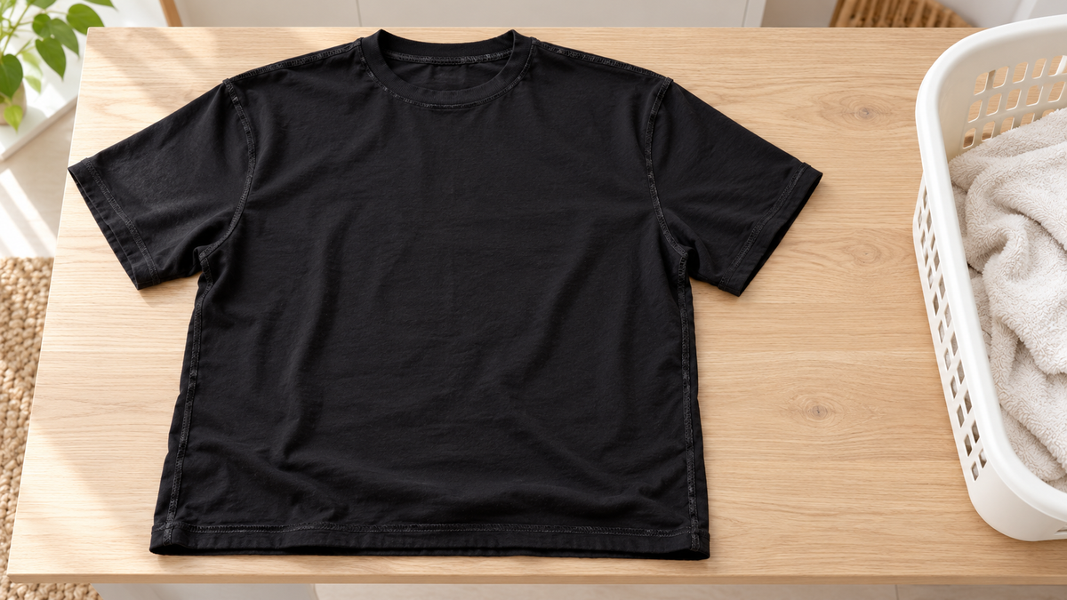 AI-genererad illustration av en svart T-shirt vänd ut och in inför tvätt, på ett träbord bredvid en tvättkorg.