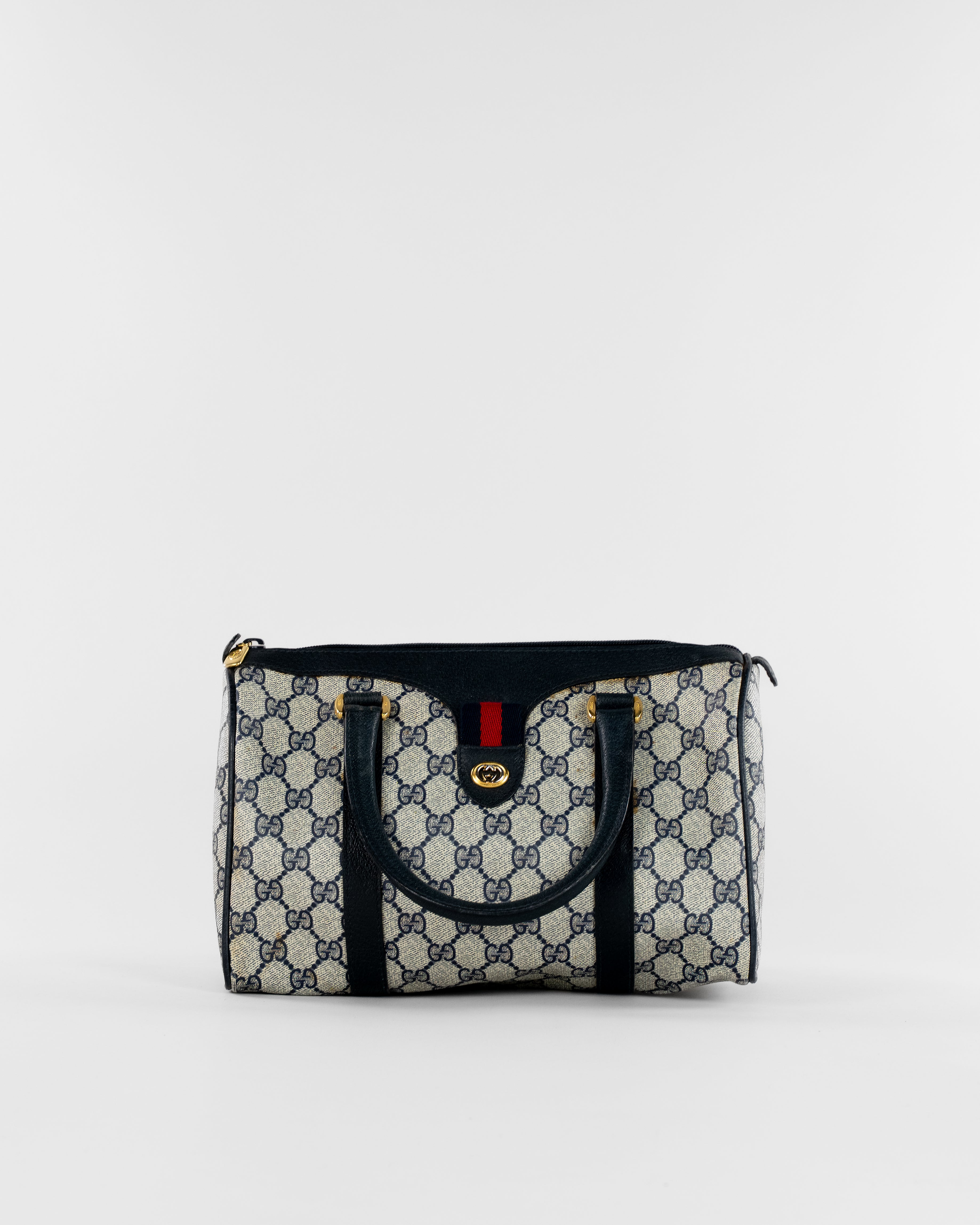Gucci GG Supreme Sherry Line Hand Bag PVC Navy Gold Red 39 02 006