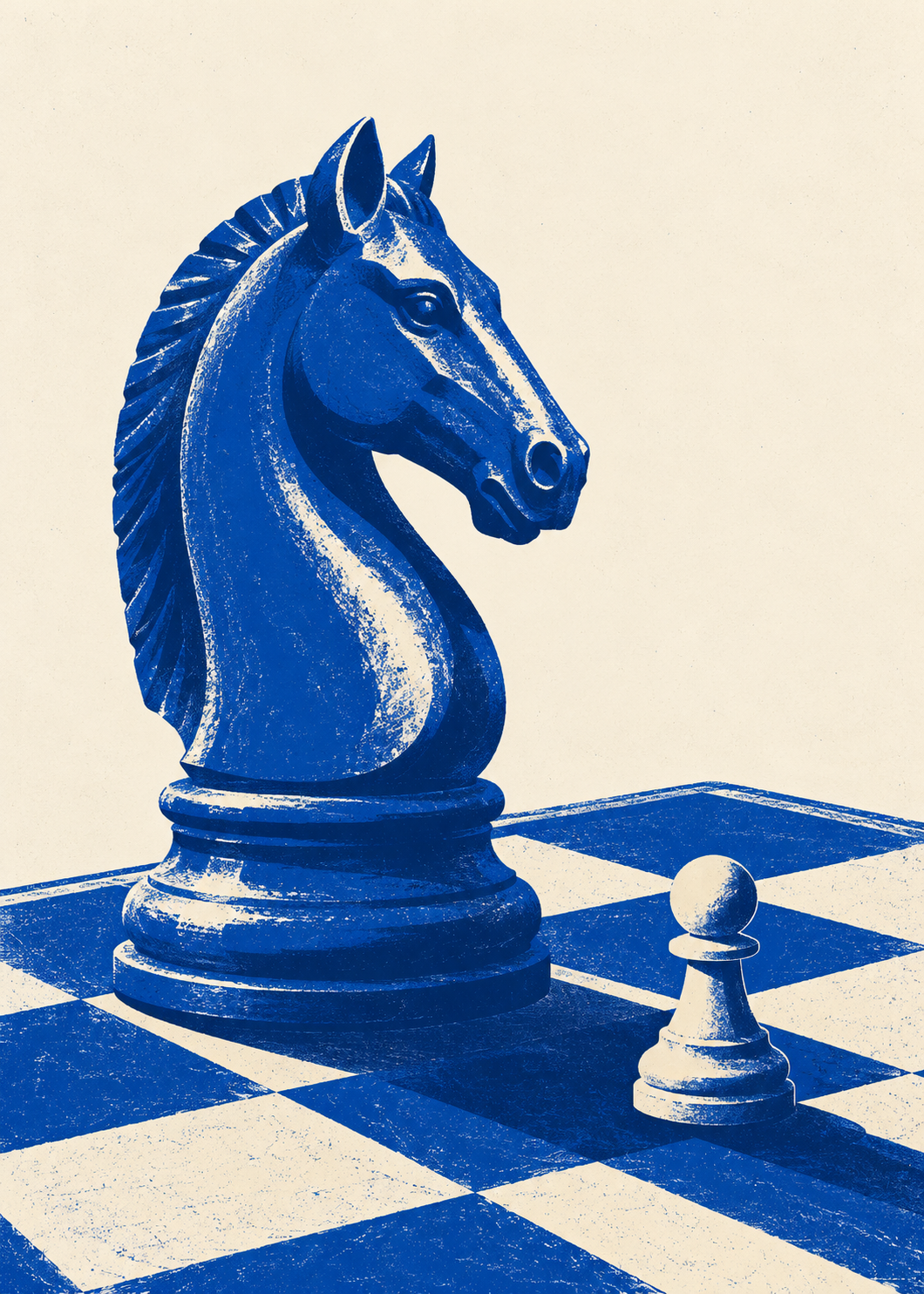 Nästa drag från Kanva. En schackspringare och en bonde på ett schackbräde. Huvudfärger: Blått, Beige.