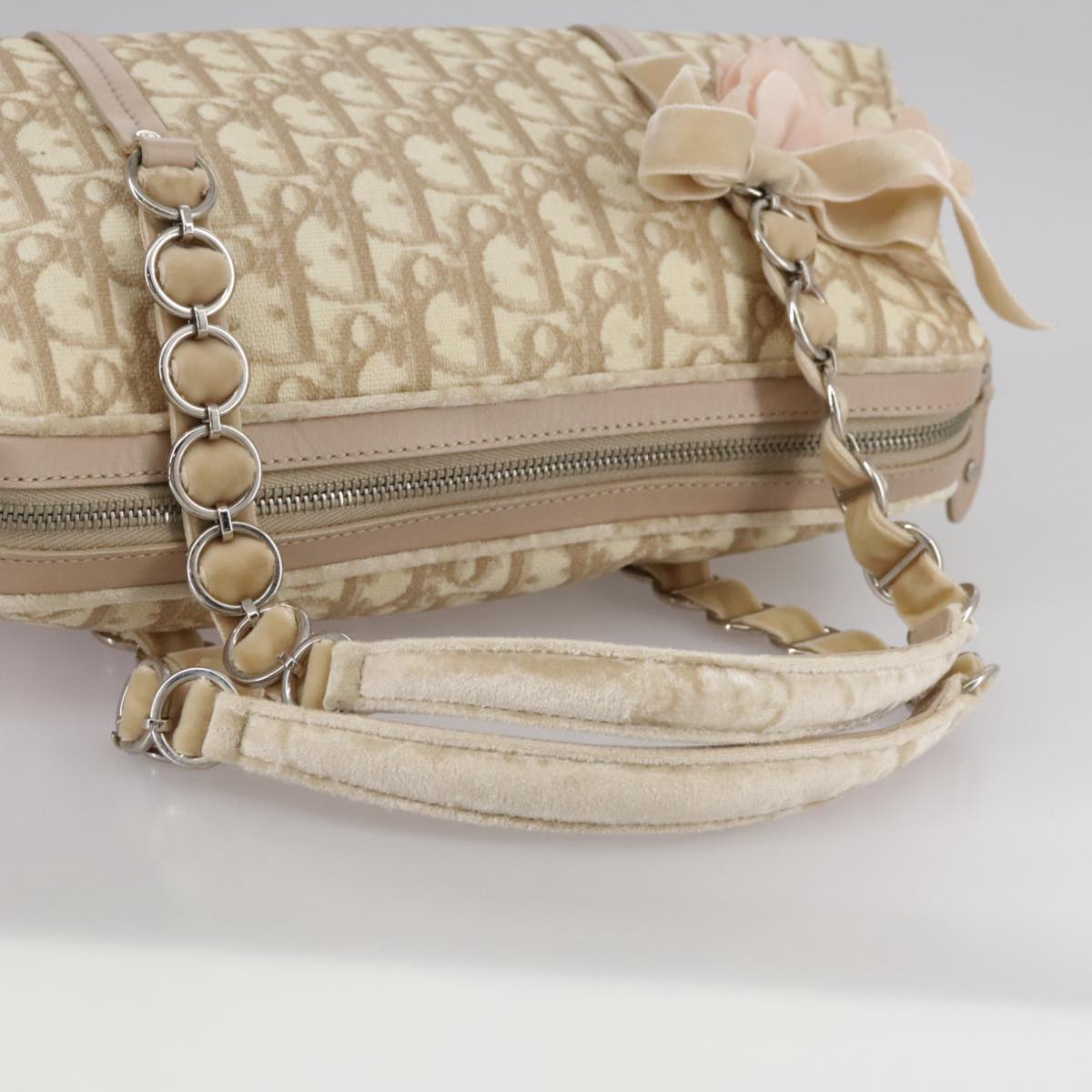 Trotter Canvas Chain Hand Bag PVC Beige Silver