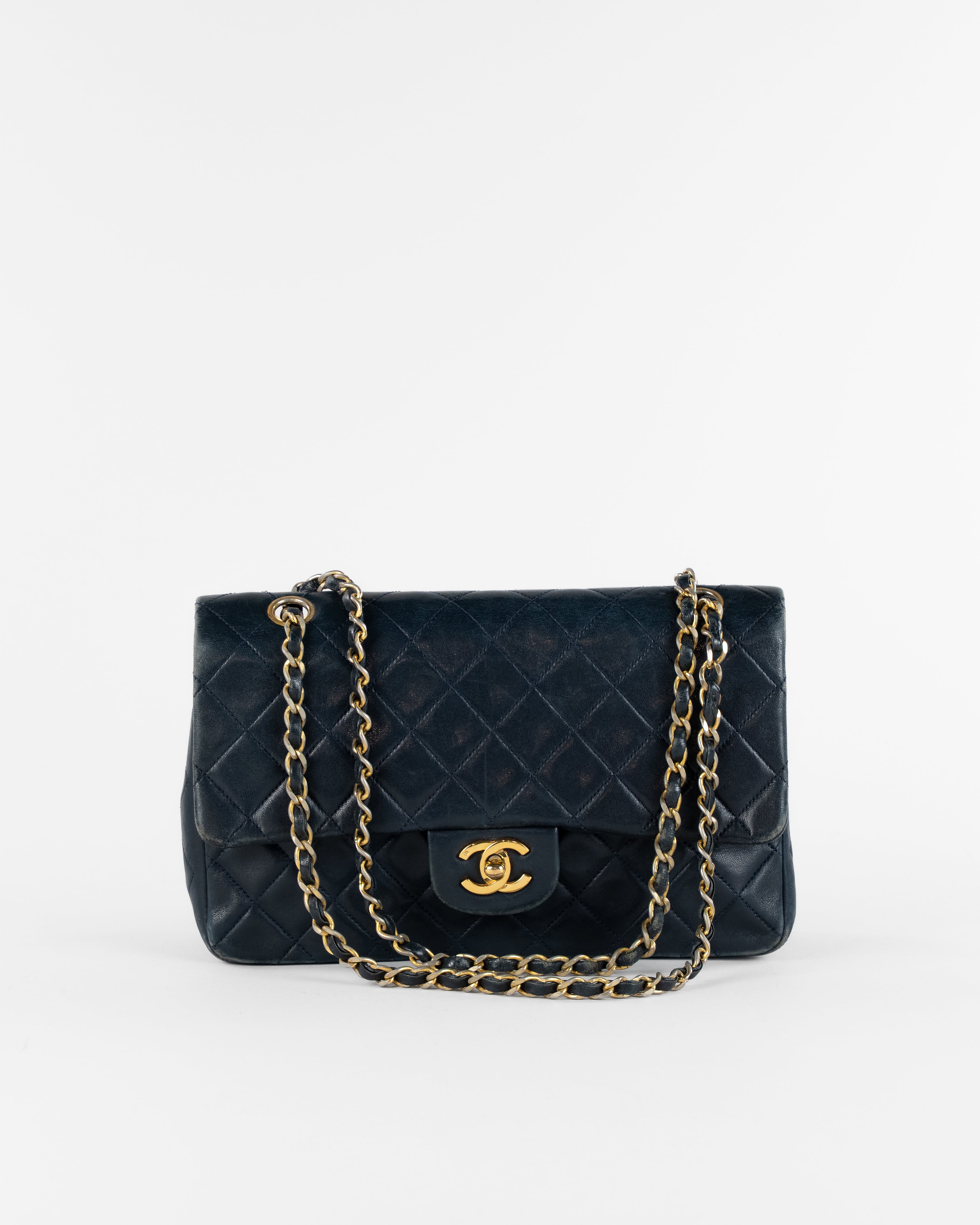 Matelasse 25 Double Flap Chain Bag Lamb Skin Navy Gold CC