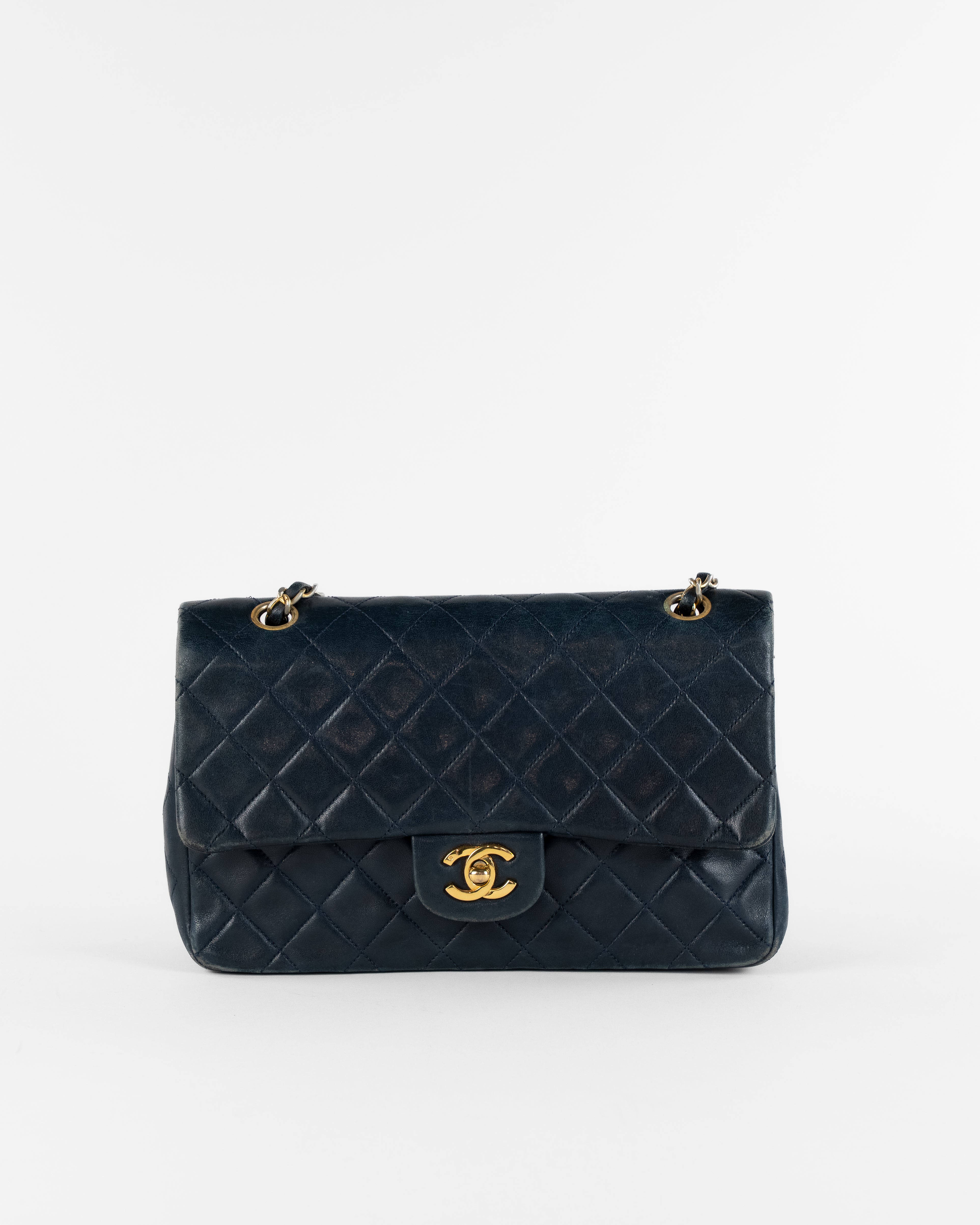Matelasse 25 Double Flap Chain Bag Lamb Skin Navy Gold CC