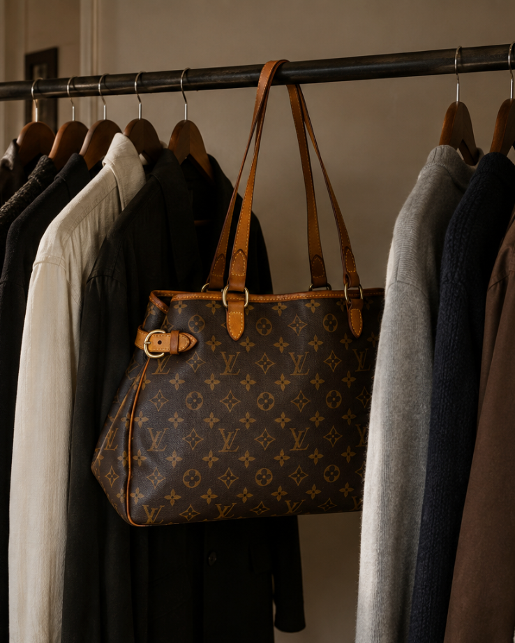 Vintageväska i en varm garderobsmiljö