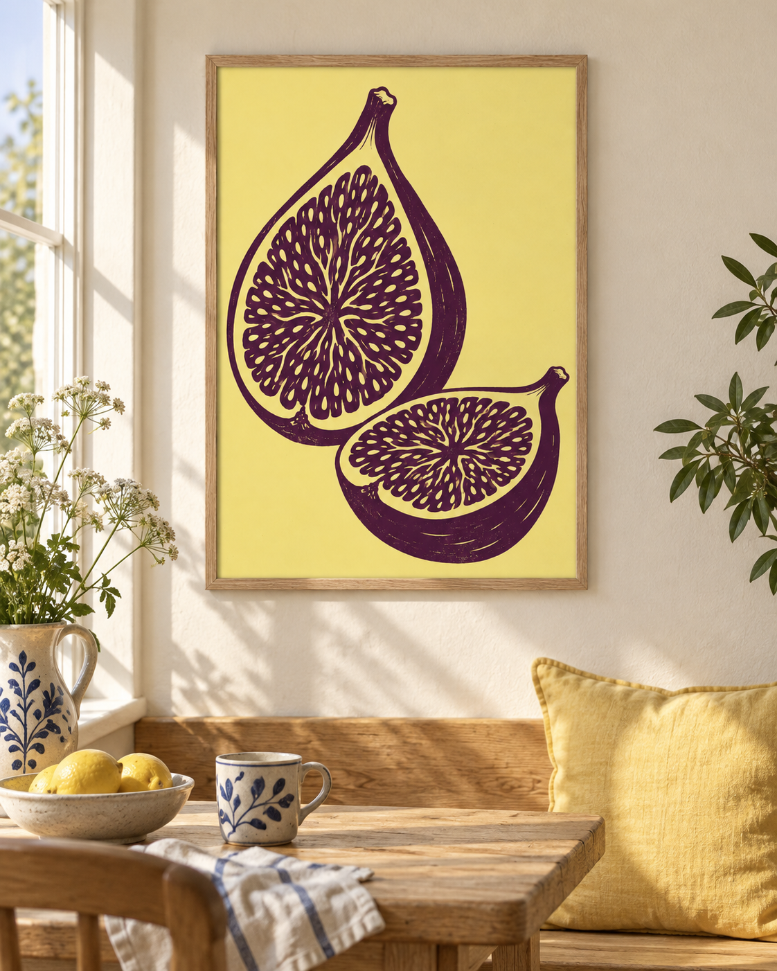 Fikonhalvor poster från Kanva i hemmiljö med ekram. Ram säljs separat.