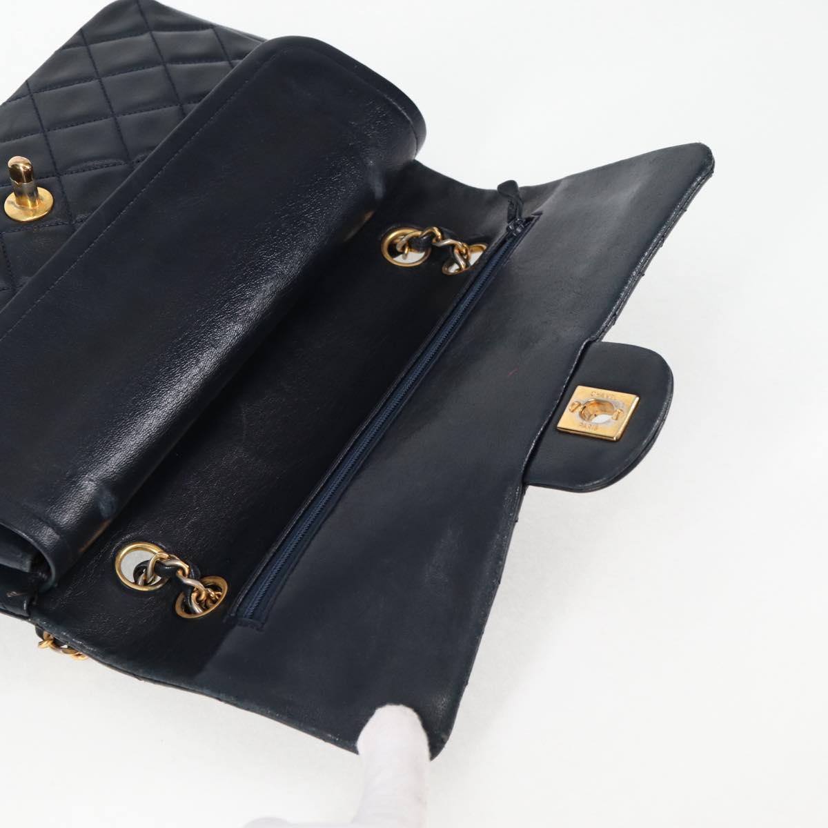 Matelasse 25 Double Flap Chain Bag Lamb Skin Navy Gold CC