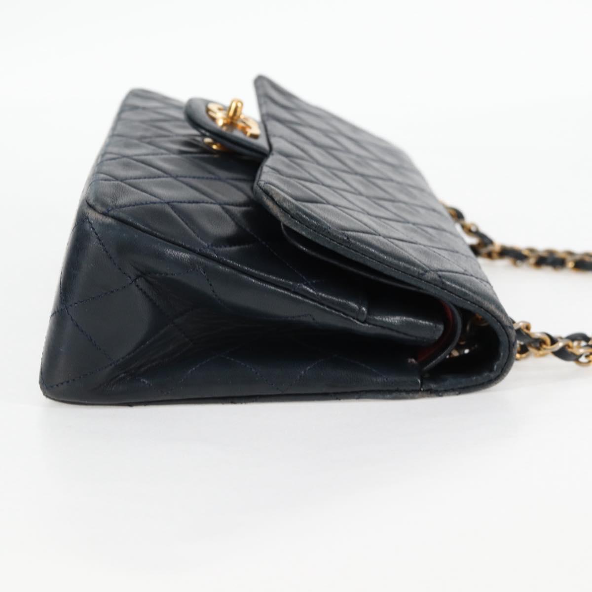 Matelasse 25 Double Flap Chain Bag Lamb Skin Navy Gold CC