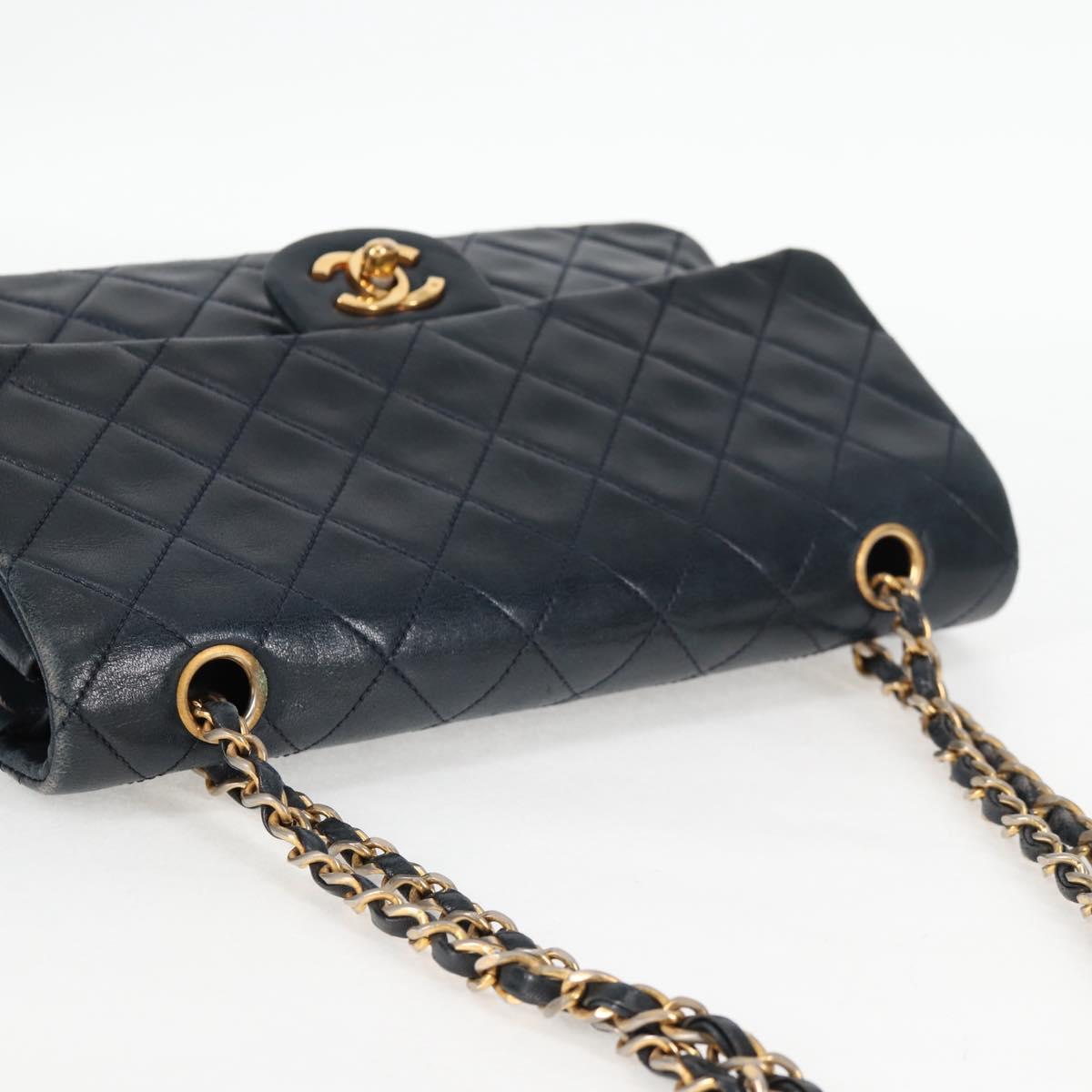 Matelasse 25 Double Flap Chain Bag Lamb Skin Navy Gold CC