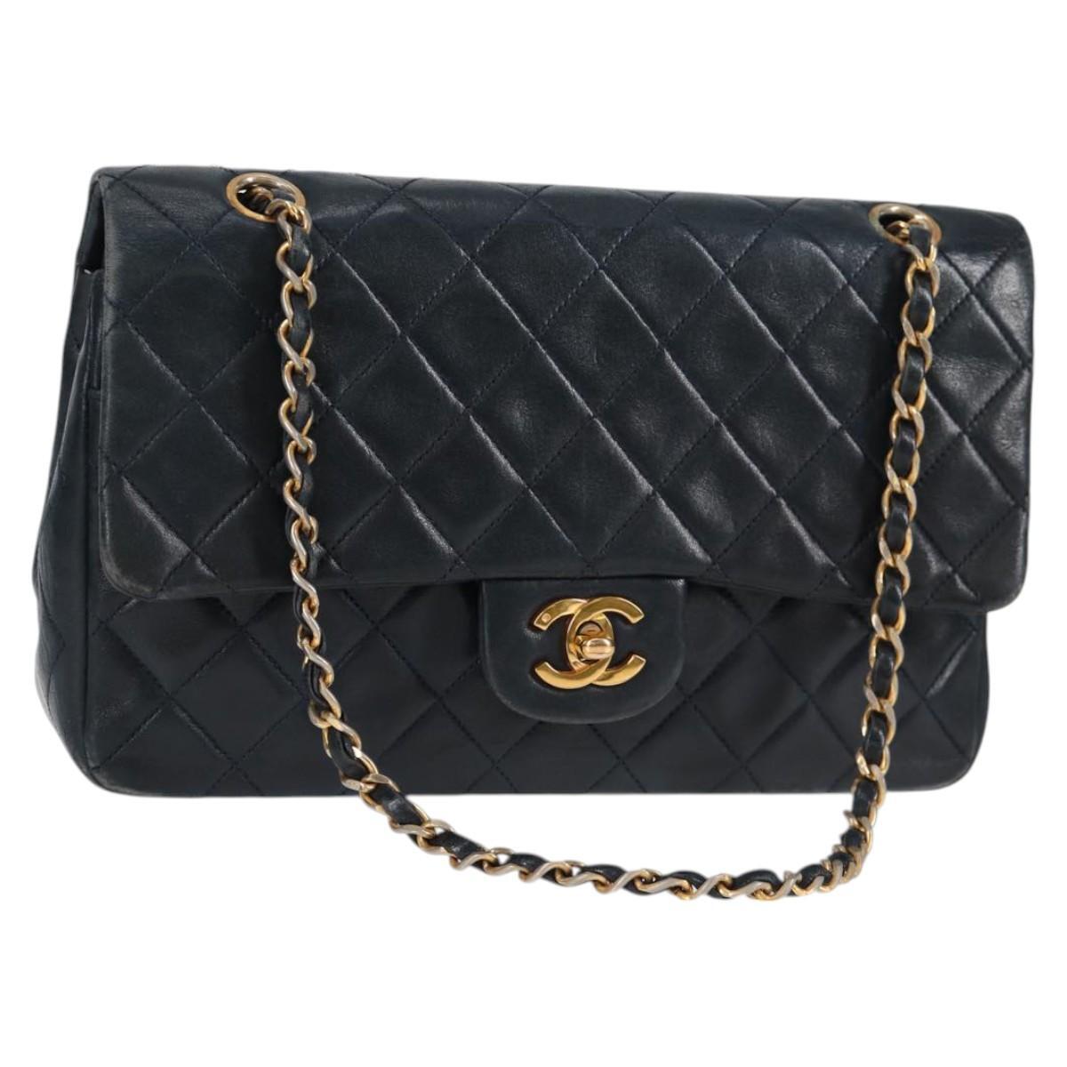 Matelasse 25 Double Flap Chain Bag Lamb Skin Navy Gold CC