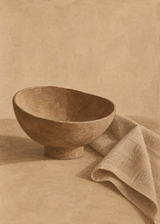 Skål och veck poster från Kanva. Stilleben med skål och tyg. Huvudfärger: Brunt, Beige.