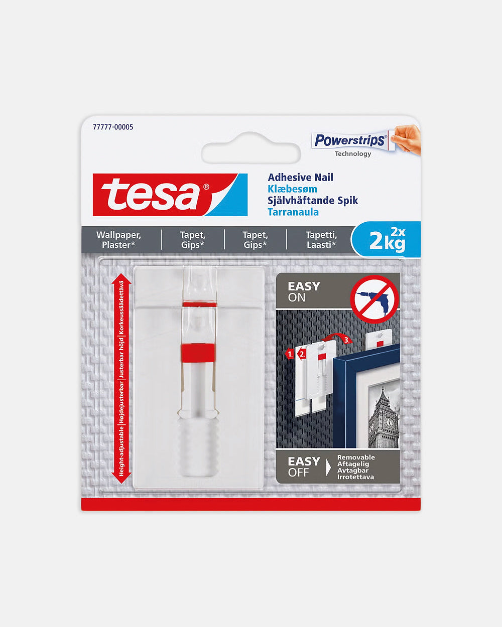 Tesa justerbar självhäftande spik för tapet och puts, 2 kg, förpackning med två spikar